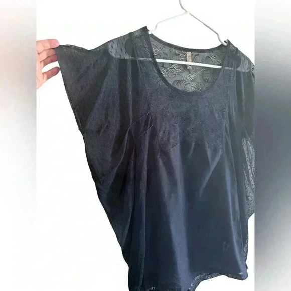 Free People Blue Floral Lace Stretchy Mesh Blouse Top Raglan Short Sleeve Sz S/P - Picture 10 of 12